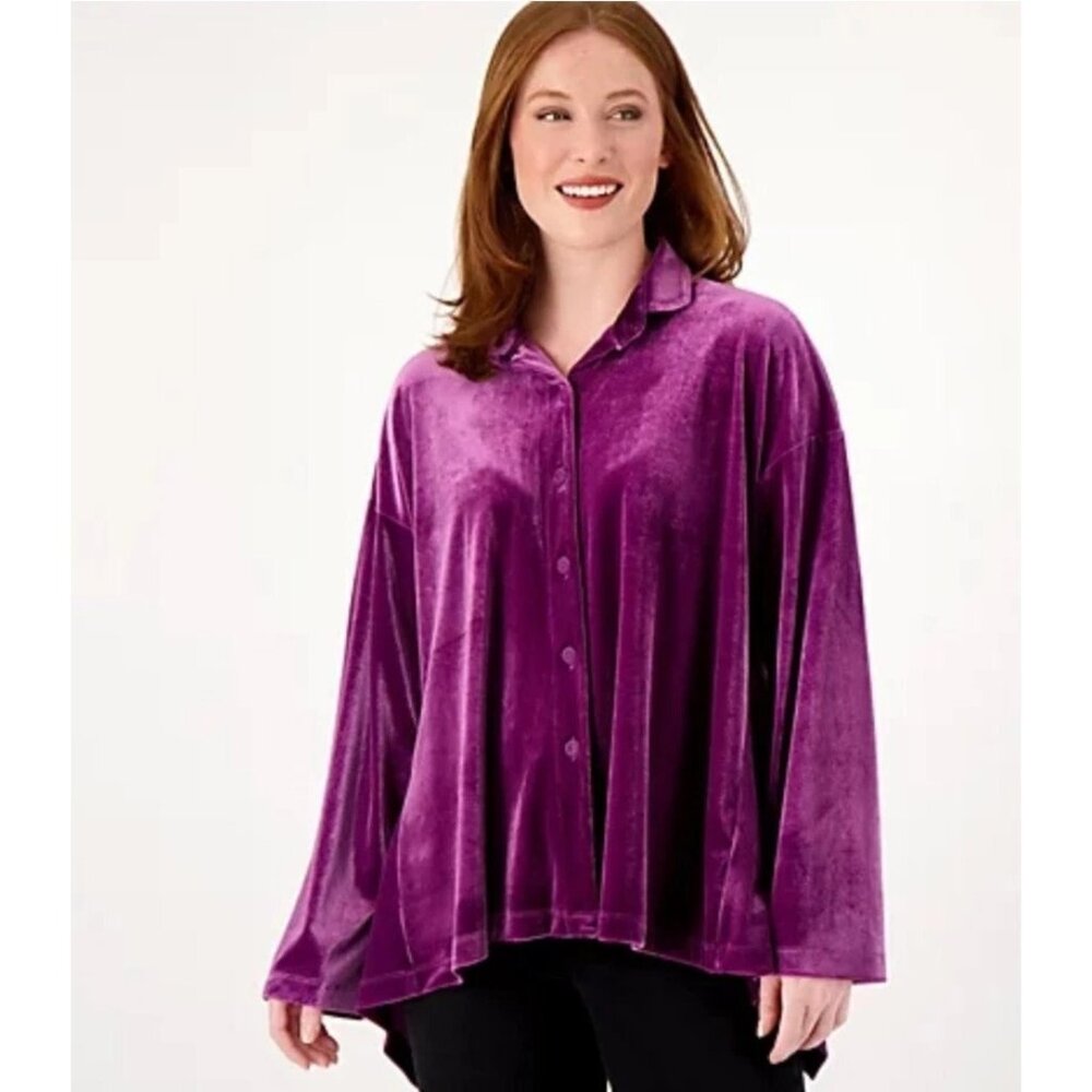 Attitudes by Renee Velvet Button Up Top Size Small Winter Berry Purple Lagenlook